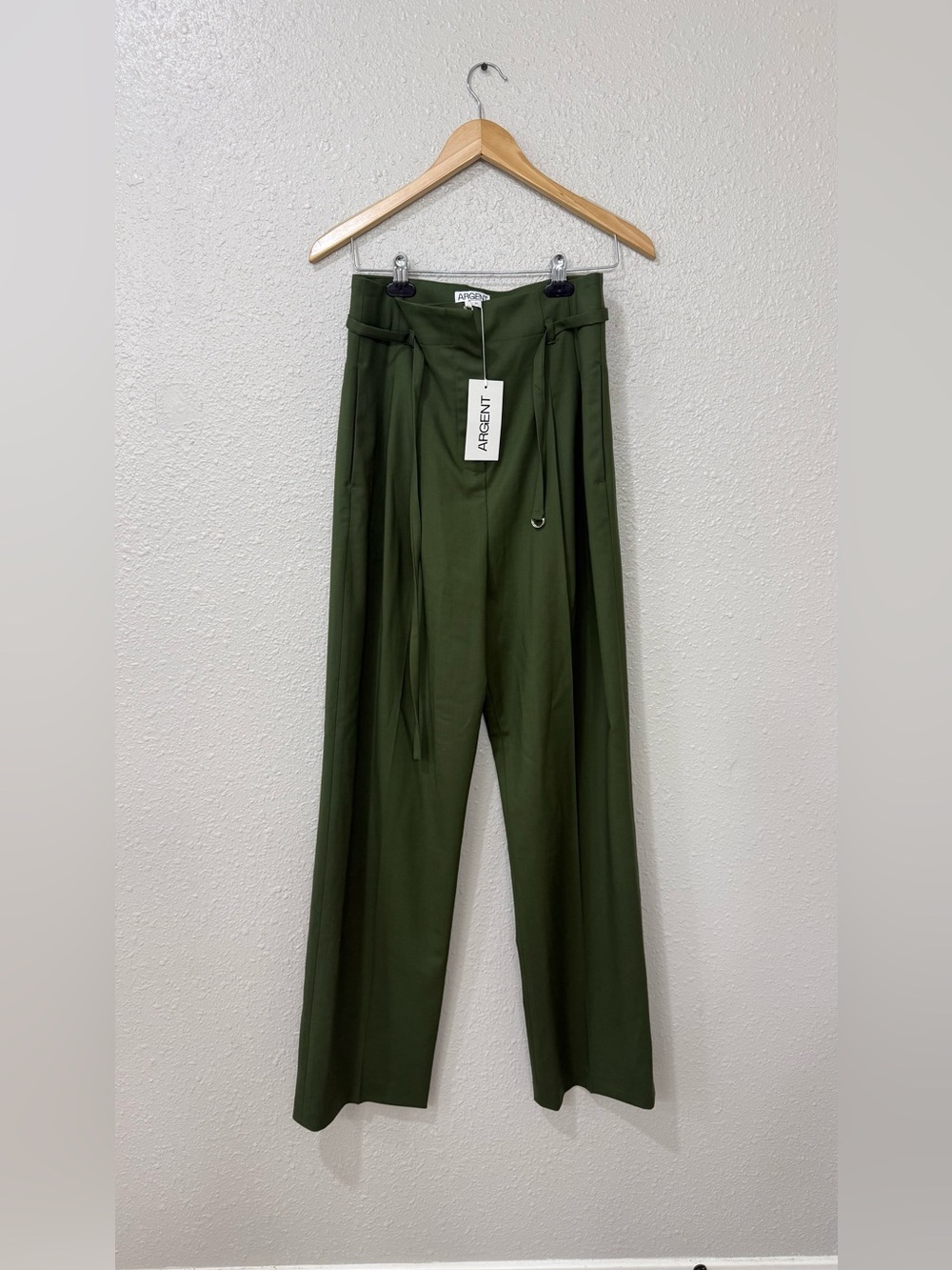 NWT ARGENT High Waist Belted Wide Leg Wool Pants Olive Size 10